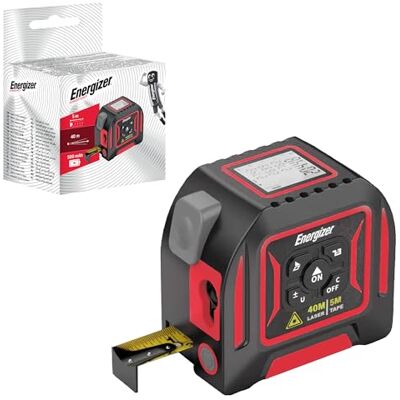 Energizer 2-in-1 Laser Distance Meter 40m/131ft & Tape Measure 5m/16ft USB-C Rechargeable Laser Measure Metres & Feet (ft) Dual Display Area & Volume Calculation, Shockproof Case, Red Energizer 2-in-1 Laser Distance Meter 40m/131ft & Tape Measure 5m/16ft USB-C Rechargeable Laser Measure Metres & Feet (ft) Dual Display Area & Volume Calculation, Shockproof Case, Red