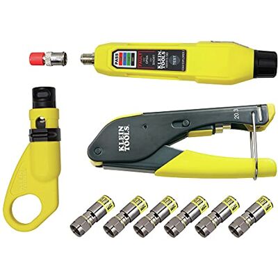 KLEIN TOOLS VDV002-818 Coax Install and Test Kit with Crimp Tool, Includes Tester, Stripper and Universal F Connectors KLEIN TOOLS VDV002-818 Coax Install and Test Kit with Crimp Tool, Includes Tester, Stripper and Universal F Connectors