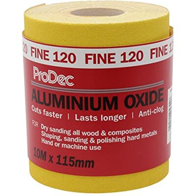 ProDec 10m Roll 120 Grit Yellow Aluminium Oxide Abrasive Sanding Paper Fine Grade for Sanding Wood, Paint, Plaster, Filler, Metal and More, 115mm Wide Sandpaper Compatible with Machine Sanders ProDec 10m Roll 120 Grit Yellow Aluminium Oxide Abrasive Sanding Paper Fine Grade for Sanding Wood, Paint, Plaster, Filler, Metal and More, 115mm Wide Sandpaper Compatible with Machine Sanders