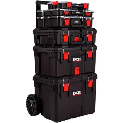 Excel Modular Tool Box Set – 6 Piece Heavy Duty Mobile Storage System with Organizer Drawers, Stackable Units & Durable Wheels for Tools, Garage, DIY, Construction, Workshop Excel Modular Tool Box Set – 6 Piece Heavy Duty Mobile Storage System with Organizer Drawers, Stackable Units & Durable Wheels for Tools, Garage, DIY, Construction, Workshop