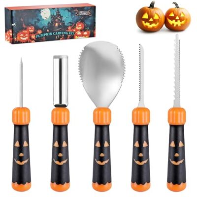 HAUSHOF 5-Piece Pumpkin Carving Kit with Stencils and Carrying Case Stainless Steel Tools, Comfortable Grip, Unique Stencil Stickers, Digital Copy, Safe Design, Halloween Gift, Party Decoration HAUSHOF 5-Piece Pumpkin Carving Kit with Stencils and Carrying Case Stainless Steel Tools, Comfortable Grip, Unique Stencil Stickers, Digital Copy, Safe Design, Halloween Gift, Party Decoration