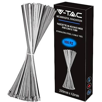 V-TAC Stainless Steel Cable Ties - 4.6mm x 200mm - Pack of 100 - Multi-purpose V-TAC Stainless Steel Cable Ties - 4.6mm x 200mm - Pack of 100 - Multi-purpose