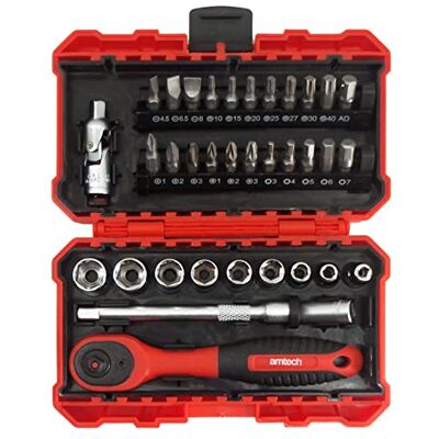 Amtech 1/4in Metric Socket & Bit Set, 72T Quick-Release Ratchet, 9 sockets 4–13mm, 22 bits, 100mm Extension & Universal Joint, for Furniture, Bikes & auto Maintenance (35pc) Amtech 1/4in Metric Socket & Bit Set, 72T Quick-Release Ratchet, 9 sockets 4–13mm, 22 bits, 100mm Extension & Universal Joint, for Furniture, Bikes & auto Maintenance (35pc)