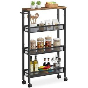 Relaxdays narrow trolley, HxWxD: 77 x 13 x 45.5 cm, slim niche shelf for bathroom & kitchen, 4 tiers, metal, brown/black, Iron, Fibreboard, Plastic Relaxdays narrow trolley, HxWxD: 77 x 13 x 45.5 cm, slim niche shelf for bathroom & kitchen, 4 tiers, metal, brown/black, Iron, Fibreboard, Plastic