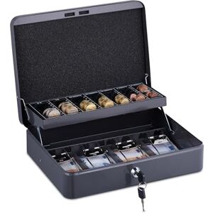 Relaxdays Cash box, lockable, iron, coin counting board & 4 note compartments, HBT: 8.5 x 30.5 x 24.5 cm, cash box, grey Relaxdays Cash box, lockable, iron, coin counting board & 4 note compartments, HBT: 8.5 x 30.5 x 24.5 cm, cash box, grey