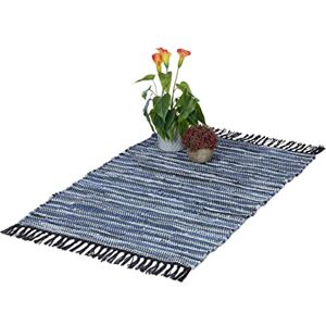 Relaxdays Boho Runner Rug, Cotton and Leather, Non-Slip, Hand-Woven, with Tassels, for Living Area, 60x100 cm, Blue, Real Relaxdays Boho Runner Rug, Cotton and Leather, Non-Slip, Hand-Woven, with Tassels, for Living Area, 60x100 cm, Blue, Real