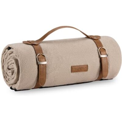 VonShef Picnic Blanket, Beige Herringbone Outdoor Rug with Waterproof Backing, 6 Person Weatherproof Picnic Mat with Faux Leather Handle, Water Resistant Camping Accessories, 147x180cm VonShef Picnic Blanket, Beige Herringbone Outdoor Rug with Waterproof Backing, 6 Person Weatherproof Picnic Mat with Faux Leather Handle, Water Resistant Camping Accessories, 147x180cm