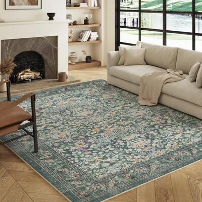 Decoranddecor Floral Rugs Living Room 160x230cm Washable Non-Slip Green Large Living Room Rug, Machine Washable Rug, Area Rug, 6mm Low Pile, Pet Friendly, Stain Resistant Decoranddecor Floral Rugs Living Room 160x230cm Washable Non-Slip Green Large Living Room Rug, Machine Washable Rug, Area Rug, 6mm Low Pile, Pet Friendly, Stain Resistant