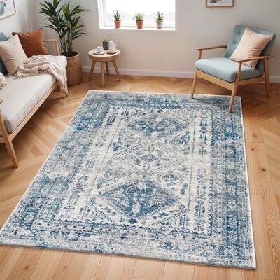 Livabliss Neelam Habana Vintage Carpet 160x220 cm, Scandi Neutral Traditional Boho Design for Living Room & Bedroom, Easy Care Pile, Blue Grey Livabliss Neelam Habana Vintage Carpet 160x220 cm, Scandi Neutral Traditional Boho Design for Living Room & Bedroom, Easy Care Pile, Blue Grey
