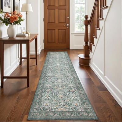 Decoranddecor Floral Washable Hallway Runner Rug 60x240cm Non-Slip Green Hall Runner, Kitchen Runner, Machine Washable Rug, Area Rug, 6mm Low Pile, Pet Friendly, Stain Resistant Decoranddecor Floral Washable Hallway Runner Rug 60x240cm Non-Slip Green Hall Runner, Kitchen Runner, Machine Washable Rug, Area Rug, 6mm Low Pile, Pet Friendly, Stain Resistant