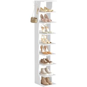 VASAGLE Slim Shoe Rack, Narrow Shoe Storage Organiser, 9-Tier Shoe Stand, for Small Spaces, Hallway, Cloakroom, Matte White LBS210WB01 VASAGLE Slim Shoe Rack, Narrow Shoe Storage Organiser, 9-Tier Shoe Stand, for Small Spaces, Hallway, Cloakroom, Matte White LBS210WB01