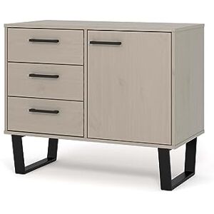 Home Source Solid Pine Wood Sideboard Cupboard, Compact 3 Drawer 1 Door Industrial Storage Cabinet, Grey Home Source Solid Pine Wood Sideboard Cupboard, Compact 3 Drawer 1 Door Industrial Storage Cabinet, Grey