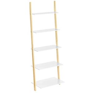 VASAGLE Ladder Shelf, 5-Tier Bookshelf Rack, Wall Shelf for Living Room, Kitchen, Office, Solid Wood Frame, Simple Assembly, Leaning Against the Wall, Matte White and Natural Colour LLS201N01 VASAGLE Ladder Shelf, 5-Tier Bookshelf Rack, Wall Shelf for Living Room, Kitchen, Office, Solid Wood Frame, Simple Assembly, Leaning Against the Wall, Matte White and Natural Colour LLS201N01