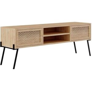 FWStyle Naive Modern Oak TV Stand with Laser Cut Push-to-Open Doors – 143cm Wide TV Unit with Black Metal Legs, Shelves & Concealed Storage – Contemporary Living Room Furniture FWStyle Naive Modern Oak TV Stand with Laser Cut Push-to-Open Doors – 143cm Wide TV Unit with Black Metal Legs, Shelves & Concealed Storage – Contemporary Living Room Furniture
