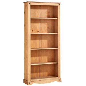 Home Source Corona Large Bookcase, 5 Tier Pine Book Shelves, Mexican Solid Wood Living Room Storage, Natural Home Source Corona Large Bookcase, 5 Tier Pine Book Shelves, Mexican Solid Wood Living Room Storage, Natural