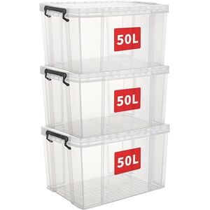 Cetomo 50L*3 Storage Boxes, Stackable Storage Box with Lids, Heavy-Duty Lidded Container with Reinforced Corners, Vertical Sides and Clip Closure, Durable, Plastic, Clear, 50L-3Pack Cetomo 50L*3 Storage Boxes, Stackable Storage Box with Lids, Heavy-Duty Lidded Container with Reinforced Corners, Vertical Sides and Clip Closure, Durable, Plastic, Clear, 50L-3Pack