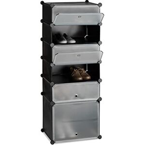 Relaxdays Plastic Shoe Cabinet, Modular Shelving System with 6 Compartments and Doors, DIY, HWD 52 x 37 x 9 cm, Black Relaxdays Plastic Shoe Cabinet, Modular Shelving System with 6 Compartments and Doors, DIY, HWD 52 x 37 x 9 cm, Black