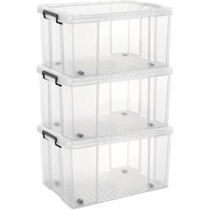 Cetomo 70L*3 Storage Boxes, Stackable Storage Box with Lids, Heavy-Duty Lidded Container with Wheels, Reinforced Corners, Vertical Sides and Clip Closure, Durable, Plastic, Clear, 70L-3Pack Cetomo 70L*3 Storage Boxes, Stackable Storage Box with Lids, Heavy-Duty Lidded Container with Wheels, Reinforced Corners, Vertical Sides and Clip Closure, Durable, Plastic, Clear, 70L-3Pack