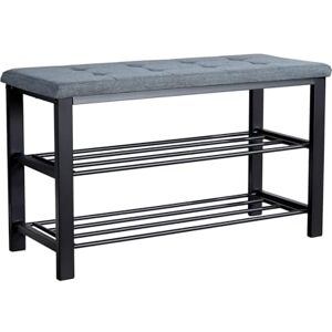 Home Source Shoe Storage Bench, 2 Open Shelves, Black Metal Frame, Bedroom Hallway Entryway Organiser, Grey Linen Padded Seat Home Source Shoe Storage Bench, 2 Open Shelves, Black Metal Frame, Bedroom Hallway Entryway Organiser, Grey Linen Padded Seat