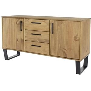 Home Source Large Sideboard Cupboard, 3 Drawer 2 Door Industrial Storage Cabinet, Solid Pine Home Furniture, Natural Home Source Large Sideboard Cupboard, 3 Drawer 2 Door Industrial Storage Cabinet, Solid Pine Home Furniture, Natural