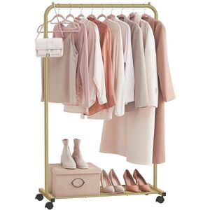SONGMICS Clothes Rack, Clothes Rail on Wheels, Metal Clothing rail for Bedroom, 91 cm Long Hanging Rail, with Storage Shelf, 2 Lockable Wheels, Top Rail Holds up to 40 kg, Gold HSR025A01 SONGMICS Clothes Rack, Clothes Rail on Wheels, Metal Clothing rail for Bedroom, 91 cm Long Hanging Rail, with Storage Shelf, 2 Lockable Wheels, Top Rail Holds up to 40 kg, Gold HSR025A01