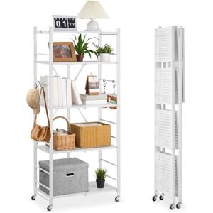 VEVOR 5-Tier Foldable Storage Shelf, 28 W x 15D x 64H Inch Folding Metal Rack Shelving Unit, No Assembly Organizer Shelf with 5 Wheels & 4 Hooks for Pantry, Kitchen, Garage, Basement, White VEVOR 5-Tier Foldable Storage Shelf, 28 W x 15D x 64H Inch Folding Metal Rack Shelving Unit, No Assembly Organizer Shelf with 5 Wheels & 4 Hooks for Pantry, Kitchen, Garage, Basement, White