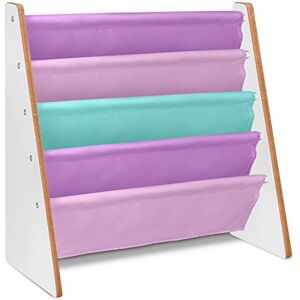 LIVIVO Childrens Colourful Sling Storage Bookshelf – Easy Access Wooden Storage with Soft Fabric Shelves Shelf to Protect Kids Books – Perfect Height (Pinks) LIVIVO Childrens Colourful Sling Storage Bookshelf – Easy Access Wooden Storage with Soft Fabric Shelves Shelf to Protect Kids Books – Perfect Height (Pinks)