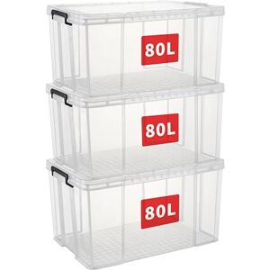 Cetomo 80L*3 Storage Boxes, Stackable Storage Box with Lids, Heavy-Duty Lidded Container with Reinforced Corners, Vertical Sides and Clip Closure, Durable, Plastic, Clear, 80L-3Pack Cetomo 80L*3 Storage Boxes, Stackable Storage Box with Lids, Heavy-Duty Lidded Container with Reinforced Corners, Vertical Sides and Clip Closure, Durable, Plastic, Clear, 80L-3Pack