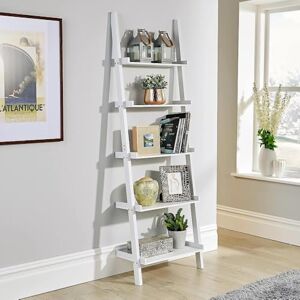 Home Source Ladder Bookcase Shelving Unit Display Ornament Stand Shelf Wall Rack Storage, White, 5 Tier Home Source Ladder Bookcase Shelving Unit Display Ornament Stand Shelf Wall Rack Storage, White, 5 Tier