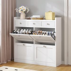 YITAHOME 4 Drawer Shoe Cabinet, Space Saving Shoe Storage Cabinet with 4 Flip Drawers and 3 Fabric Drawer Adjustable and Removable Divider for 24 Pairs of Shoes for Hallways and Living Room, White YITAHOME 4 Drawer Shoe Cabinet, Space Saving Shoe Storage Cabinet with 4 Flip Drawers and 3 Fabric Drawer Adjustable and Removable Divider for 24 Pairs of Shoes for Hallways and Living Room, White