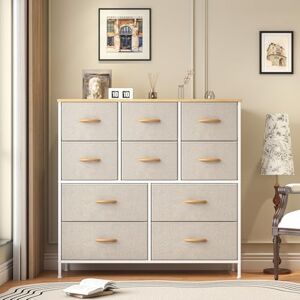 Feonase Chest of Drawers,Bedroom Tall Dresser with 10 Fabric Drawers, Metal Frame & MDF Wood Top, Adjustable Feet, Storage Organizer Unit for Bedroom, Closet, Living Room, Office Hallway, Khaki Feonase Chest of Drawers,Bedroom Tall Dresser with 10 Fabric Drawers, Metal Frame & MDF Wood Top, Adjustable Feet, Storage Organizer Unit for Bedroom, Closet, Living Room, Office Hallway, Khaki
