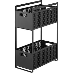 YAMAZAKI 5219 TOWER 2-Tiered Storage Basket Set, Black, ABS Resin/Steel/Silicone, Minimalist Design, 16 x 32.5 x 46 cm (LxWxH) YAMAZAKI 5219 TOWER 2-Tiered Storage Basket Set, Black, ABS Resin/Steel/Silicone, Minimalist Design, 16 x 32.5 x 46 cm (LxWxH)