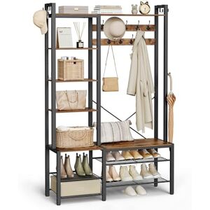 VASAGLE Hall Tree with Bench and Shoe Storage, Hallway Coat Rack with Shoe Bench and 5 Storage Shelves, 9 Coat Hooks and 6 Side Hooks, 140 x 120 x 190 cm, Vintage Brown and Ink Black HSR426B01 VASAGLE Hall Tree with Bench and Shoe Storage, Hallway Coat Rack with Shoe Bench and 5 Storage Shelves, 9 Coat Hooks and 6 Side Hooks, 140 x 120 x 190 cm, Vintage Brown and Ink Black HSR426B01
