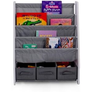Humble Crew Inspire Wooden Bookshelf for Children, 4 Tier Book Storage Shelf with Deep Fabric Pockets, 3 Collapsable Bin Organisers, Forward Facing Book Display for Easy Identification Grey/White Humble Crew Inspire Wooden Bookshelf for Children, 4 Tier Book Storage Shelf with Deep Fabric Pockets, 3 Collapsable Bin Organisers, Forward Facing Book Display for Easy Identification Grey/White