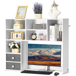 VEVOR Desktop Bookshelf, 3-Tier Desktop Storage Organizer, 37" x 10" x 31.1" Office Storage Rack Wood Display Shelf, Desktop Bookshelf Hutch with Two Fabric Drawers, for Office, Home & Dorm, White VEVOR Desktop Bookshelf, 3-Tier Desktop Storage Organizer, 37" x 10" x 31.1" Office Storage Rack Wood Display Shelf, Desktop Bookshelf Hutch with Two Fabric Drawers, for Office, Home & Dorm, White