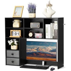 VEVOR Desktop Bookshelf, 3-Tier Desktop Storage Organizer, 37" x 10" x 31.1" Office Storage Rack Wood Display Shelf, Desktop Bookshelf Hutch with Two Fabric Drawers, for Office, Home & Dorm, Black VEVOR Desktop Bookshelf, 3-Tier Desktop Storage Organizer, 37" x 10" x 31.1" Office Storage Rack Wood Display Shelf, Desktop Bookshelf Hutch with Two Fabric Drawers, for Office, Home & Dorm, Black