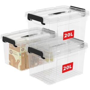 Cetomo 20L*3 Storage Boxes, Carry Plastic Storage Box with Lids, Organizing Container with Handle and Secure Latching Buckles, Stackable, Nestable, Tote Bin for Home Office Clothes, 20L-3Pack, Clear Cetomo 20L*3 Storage Boxes, Carry Plastic Storage Box with Lids, Organizing Container with Handle and Secure Latching Buckles, Stackable, Nestable, Tote Bin for Home Office Clothes, 20L-3Pack, Clear