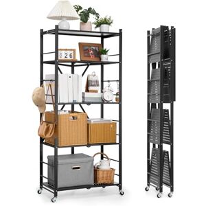 VEVOR 5-Tier Foldable Storage Shelf, 28W x 15D x 64H Inch Folding Metal Rack Shelving Unit, No Assembly Organizer Shelf with 5 Wheels & 4 Hooks for Pantry, Kitchen, Garage, Basement, Black VEVOR 5-Tier Foldable Storage Shelf, 28W x 15D x 64H Inch Folding Metal Rack Shelving Unit, No Assembly Organizer Shelf with 5 Wheels & 4 Hooks for Pantry, Kitchen, Garage, Basement, Black
