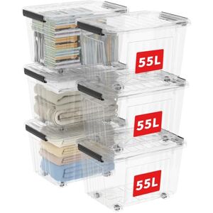 Cetomo 55L*6 Storage Boxes with Wheels, Plastic Storage Bins with Lids, Latching Buckles, Click Closure, Stackable, Nestable, Organizer for Home Office Clothes, Clear, 55L-6 Pack Cetomo 55L*6 Storage Boxes with Wheels, Plastic Storage Bins with Lids, Latching Buckles, Click Closure, Stackable, Nestable, Organizer for Home Office Clothes, Clear, 55L-6 Pack