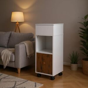 FurnitureR Mobile TV Tray with Storage Drawer, White and Rustic Brown, 2 Shelves, Narrow Slim Design, 50 x 25 x 68 cm FurnitureR Mobile TV Tray with Storage Drawer, White and Rustic Brown, 2 Shelves, Narrow Slim Design, 50 x 25 x 68 cm