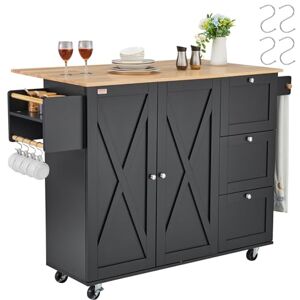 VEVOR Kitchen island trolley, 1150mm wooden top mobile kitchen trolley with storage cabinet, flap, spice rack, towel bar, adjustable shelf, drawer, hook, black VEVOR Kitchen island trolley, 1150mm wooden top mobile kitchen trolley with storage cabinet, flap, spice rack, towel bar, adjustable shelf, drawer, hook, black