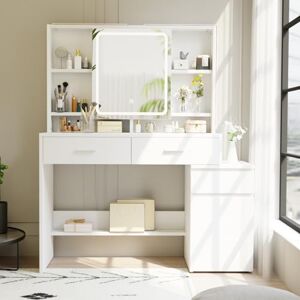 JUMMICO Dressing Table with Adjustable LED Mirror, Vanity Desk with Storage Cabinet, 2 Drawers, 6 Open Shelves, Make up Desk for Bedroom,White JUMMICO Dressing Table with Adjustable LED Mirror, Vanity Desk with Storage Cabinet, 2 Drawers, 6 Open Shelves, Make up Desk for Bedroom,White