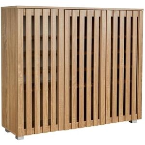 Home Source 3 Door Wooden Shoe Storage Cabinet Rack Stand, Slatted Cupboard, Oak Effect Home Source 3 Door Wooden Shoe Storage Cabinet Rack Stand, Slatted Cupboard, Oak Effect