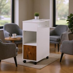 FurnitureR Mobile Coffee Table with Storage Drawer, White and Rustic Brown, 2 Shelves, Narrow Slim Design, 50 x 25 x 68 cm FurnitureR Mobile Coffee Table with Storage Drawer, White and Rustic Brown, 2 Shelves, Narrow Slim Design, 50 x 25 x 68 cm