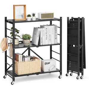 VEVOR 3-Tier Foldable Storage Shelf, 30W x 13D x 36H Inch Folding Metal Rack Shelving Unit, No Assembly Organizer Shelf with 5 Wheels & 4 Hooks for Pantry, Kitchen, Garage, Basement, Black VEVOR 3-Tier Foldable Storage Shelf, 30W x 13D x 36H Inch Folding Metal Rack Shelving Unit, No Assembly Organizer Shelf with 5 Wheels & 4 Hooks for Pantry, Kitchen, Garage, Basement, Black