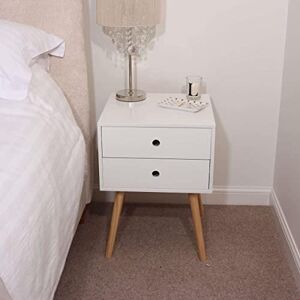 Home Source Bedside Table, Bedroom Side Table Nightstand Cabinet, Wooden Legs, 2 Storage Drawers, White Home Source Bedside Table, Bedroom Side Table Nightstand Cabinet, Wooden Legs, 2 Storage Drawers, White