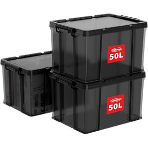 Cetomo 50L*3 Storage Boxes, Stackable Storage Box with Lids, Heavy-Duty Lidded Container with Reinforced Corners, Vertical Sides and Clip Closure, Durable, Plastic, Clear Black, 50L-3Pack Cetomo 50L*3 Storage Boxes, Stackable Storage Box with Lids, Heavy-Duty Lidded Container with Reinforced Corners, Vertical Sides and Clip Closure, Durable, Plastic, Clear Black, 50L-3Pack