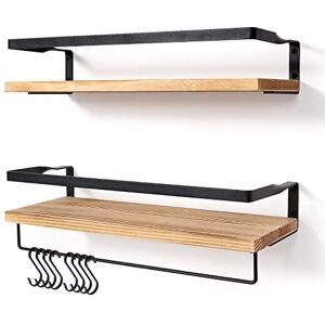 AGM Floating Shelves Wall Mounted Shelf, Wooden Wall Shelves Racking Set of 2 for Bedroom, Bathroom, Living Room, Kitchen Storage w/ 1 Towel Bar and 8 S Hooks, Max Load 33lbs AGM Floating Shelves Wall Mounted Shelf, Wooden Wall Shelves Racking Set of 2 for Bedroom, Bathroom, Living Room, Kitchen Storage w/ 1 Towel Bar and 8 S Hooks, Max Load 33lbs