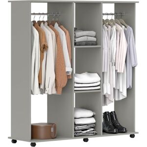 HOMCOM Double Open Wardrobe on Wheels, Bedroom Wardrobe with Clothes Hanging Rails, 3 Storage Shelves, Mobile Garment Rack for Cloakroom, Hallway, Grey HOMCOM Double Open Wardrobe on Wheels, Bedroom Wardrobe with Clothes Hanging Rails, 3 Storage Shelves, Mobile Garment Rack for Cloakroom, Hallway, Grey