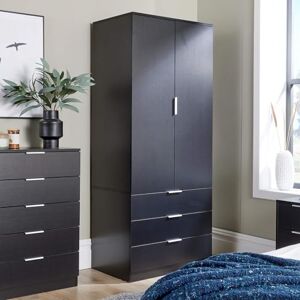 Home Source 2 Door 3 Drawer Wardrobe with Clothes Hanging Rail Storage Shelf Bedroom Organiser, Black Home Source 2 Door 3 Drawer Wardrobe with Clothes Hanging Rail Storage Shelf Bedroom Organiser, Black